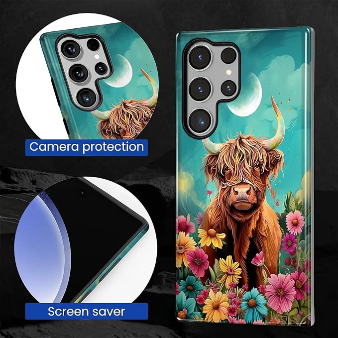 for Samsung Galaxy S24 Ultra Case, Highland Cow Flower Pattern Glossy 2 in 1 - Image 6