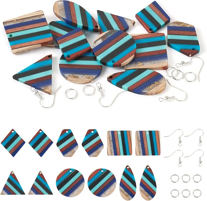 FASHEWELRY Striped Resin Wood Earrings Charms Cyan Rhombus Teardrop Flat Round by FASHEWELRY