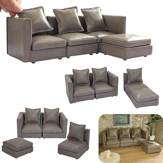 iLAND Dollhouse Furniture Sectional Dollhouse Couch Set Grey Faux Leather Sofa by ILANDTradingCoLtd