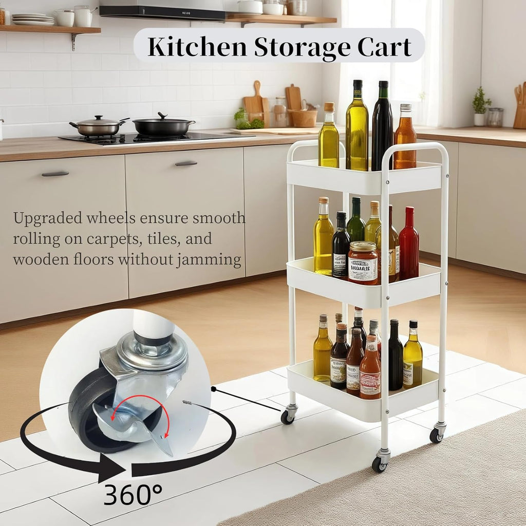 Metal 3 Tier Rolling Cart with Wheels for Kitchen Storage & Laundry Room Organization, Bedside Cart with Handle and 4 Hooks, Versatile Large Capacity Art & Craft Storage Organizer, White