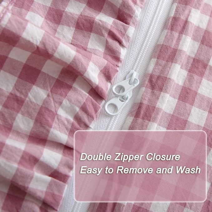Silnuo Vintage Pink/White Plaid Ruffle 3-Piece Duvet Cover Set King Size - Image 4