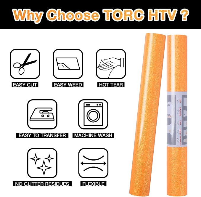 TORC Neon Orange Glitter HTV Heat Transfer Vinyl Roll 12 inch x 5 ft Iron on - Image 4