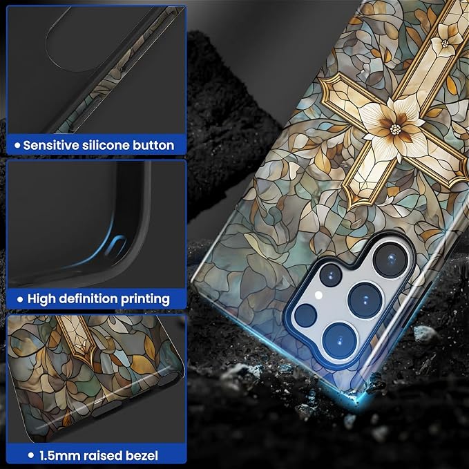for Samsung Galaxy S23 Ultra Case, Christian Cross Stained Glass Pattern Glossy - Image 3