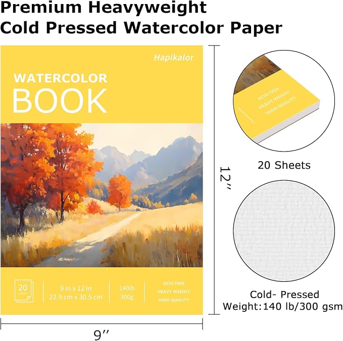Watercolor Paper Pad 9x12, 140lb/300gsm Cold Press Drawing Paper, 20 Sheets - Image 2