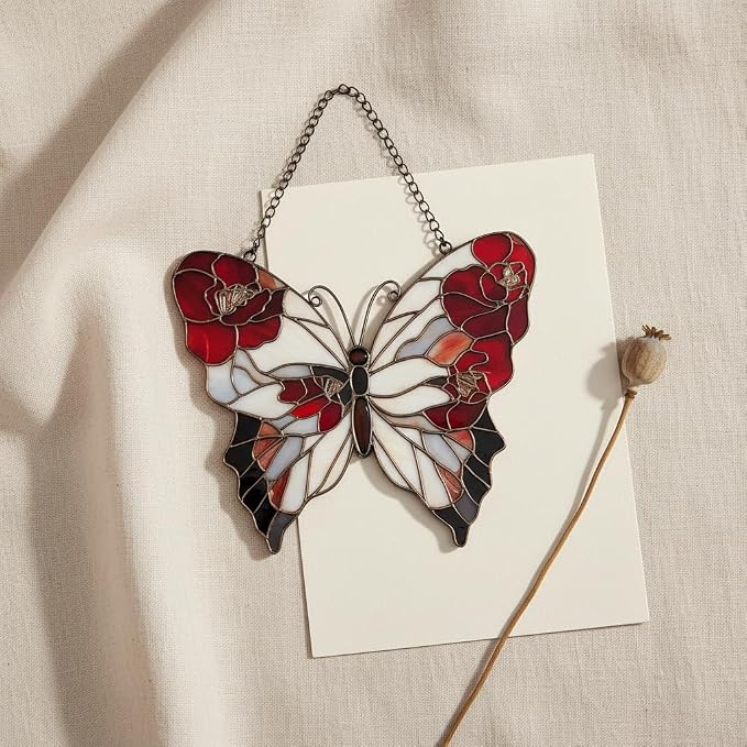 Red Poppy Butterfly Acrylic Suncatcher, Faux Stained Glass Indoor Window - Image 3