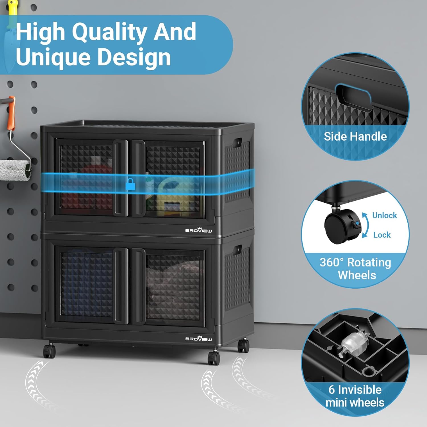 BROVIEW 600 Qt Stackable Storage Bins with Lids & Doors, 6 Pack Plastic Closet Organizer and Storage Drawers with Wheels, Large Collapsible Storage Boxes, Cabinet for Home, Office, V10, Black