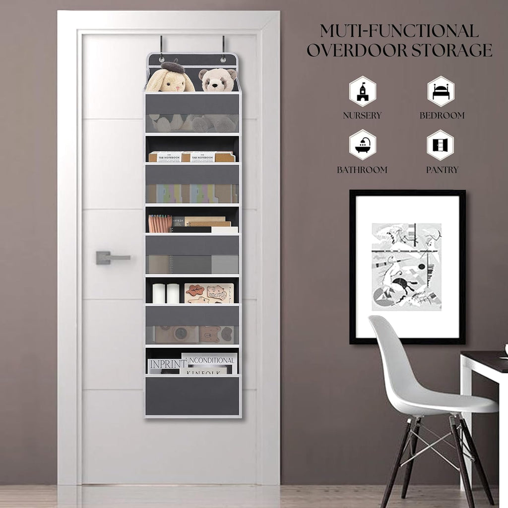 Over Door Organizer with 5 Large Pockets, Heavy Duty Hanging Organizer Storage, Closet Bathroom Nursery Bedroom Dorm, Toys Cosmetics Sundries and Baby Essentials, Gray