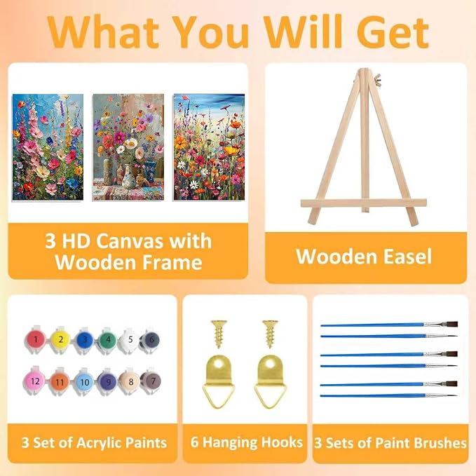 3 Pack Floral Framed Paint by Numbers - Image 4