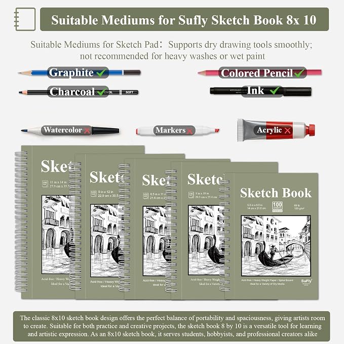 SuFly Spiral Bound Sketchbook 8x10, 100 Sheets Hardcover Sketch Books, - Image 5