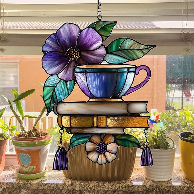 Hibiscus Tea Cup and Books Acrylic Suncatcher Stained Glass Effect Window Car - Image 4