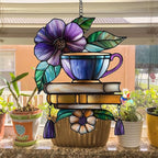 Hibiscus Tea Cup and Books Acrylic Suncatcher Stained Glass Effect Window Car - Image 4