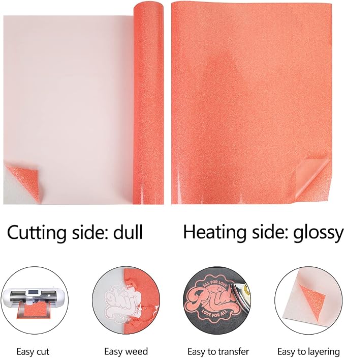 guangyintong Glow Glitter Orange Red Heat Transfer Vinyl HTV Rolls, Glitter HTV - Image 5