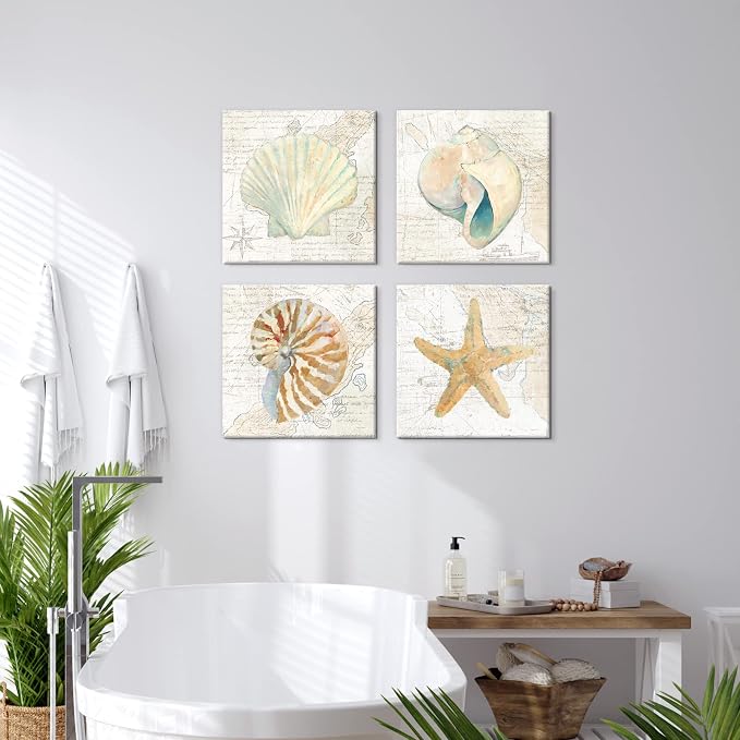 Seashell Bathroom Decor Cream Color Seashell Starfish Canvas Wall Art Nautical - Image 3