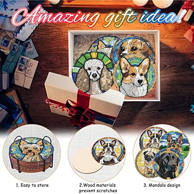 8 Pack Diamond Art Coasters, Dog Animal Diamond Painting Coasters Kits | Dog - Image 7