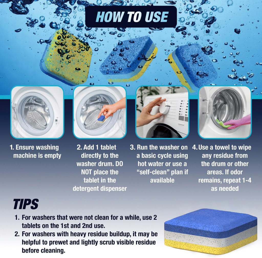 Washing Machine Cleaner Tablets 14 Pack for HE Front Load - Eco Friendly Washer Cleaning Tablets Formula - Pets Hair & Smell Solution - Septic Safe Descale Deodorize Protect - 1 Plus Year Supply