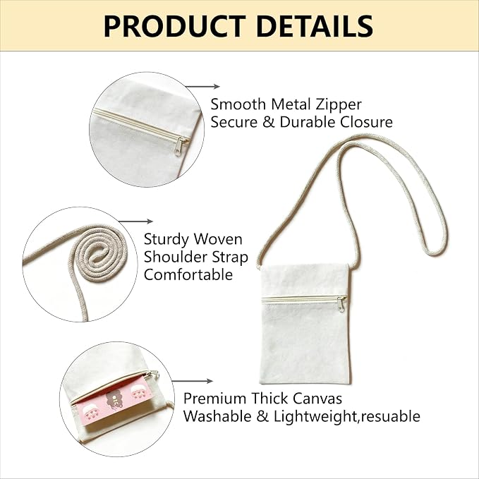 6Pcs 13x17cm Blank Canvas Crossbody Bag, Bulk Mini Zipper Shoulder Bags - Image 2