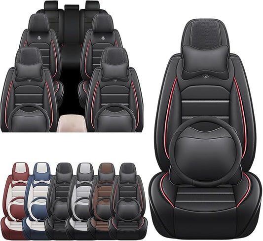 JOJ Car Seat Cover Fit for Toyota Highlander 2001-2025,7 Seat Car Seat Cover,No-Slip Waterproof Breathable Faux Leather,Full Set with Pillow Steering Wheel Covers,Black Red