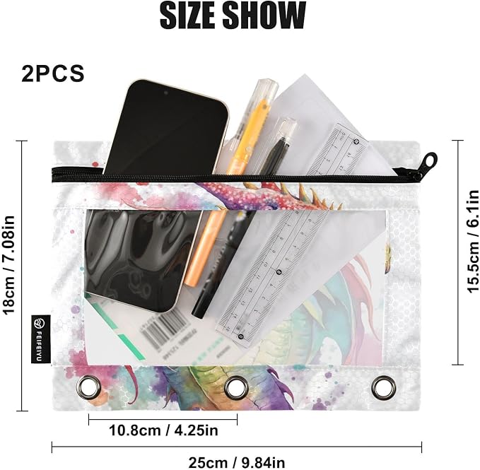Watercolor Dragon Pencil Pouch for 3 Ring Binder, 2 Pack Waterproof Pencil Bags - Image 3