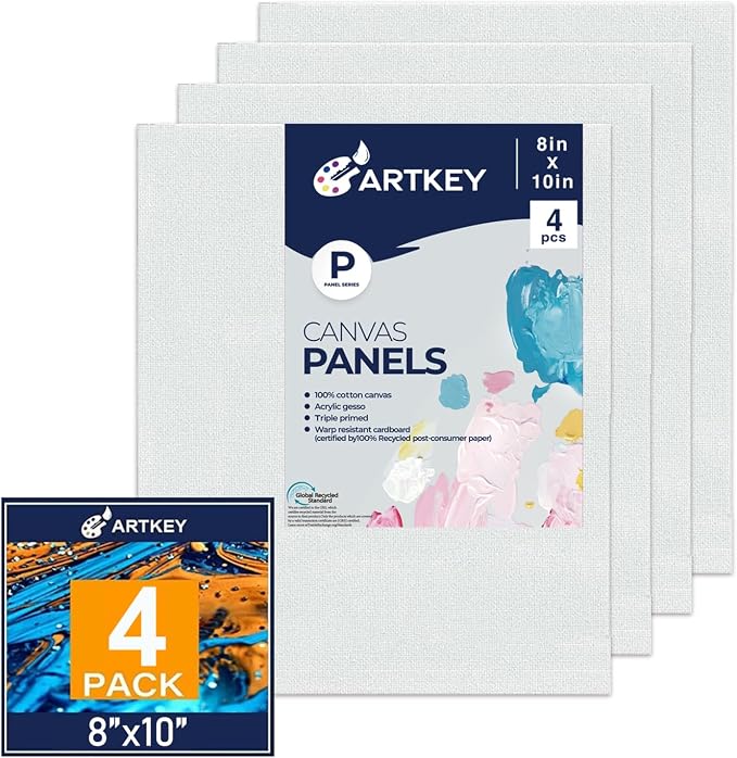 Artkey Canvases for Painting, 8x10 Inch 4-Pack, 10 oz Primed 100% Cotton White by Artkey