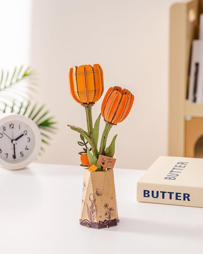 rowood Orange Tulip Wooden Flower, DIY Artifical Flower Building Set Craft Kit - Image 7
