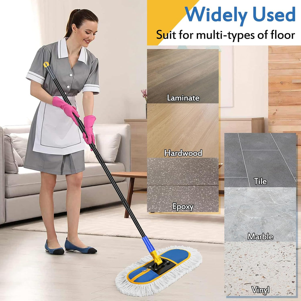 16 Inch Commercial Dust Mop for Floor Cleaning - Industrial Wet Dry Broom with 2 Washable Mops Pads for Hardwood Vinyl Laminate Floors Warehouse Courtyard Cleaning,Blue