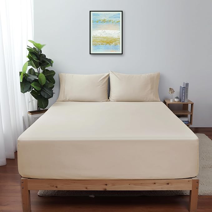 King Size Fitted Sheet Only Beige, 100% Egyptian Cotton 600 Thread Count by ShunjieHome