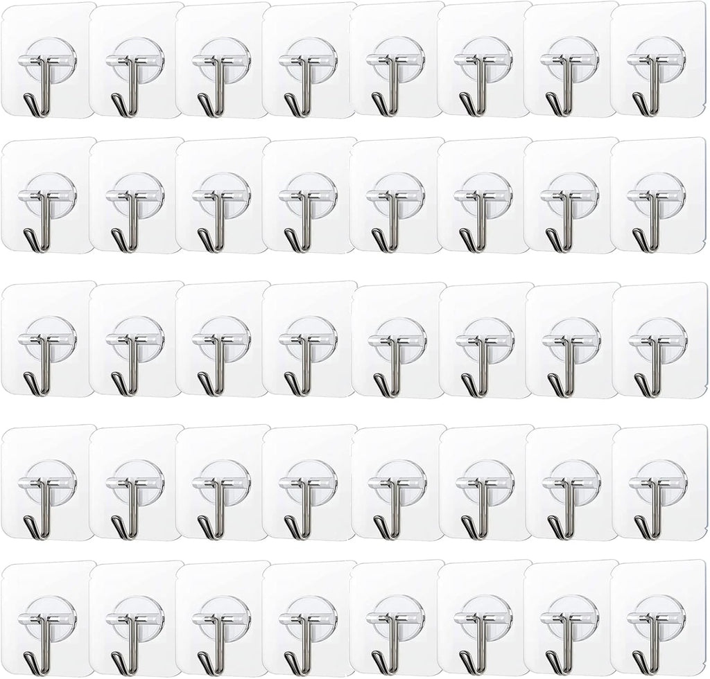 COLOGO 100 Pack Adhesive Hooks 24lb(Max) Heavy Duty Self Adhesive Hooks, Transparent Reusable Seamless Adhesive Wall Hooks for Kitchens, Bathroom, Office