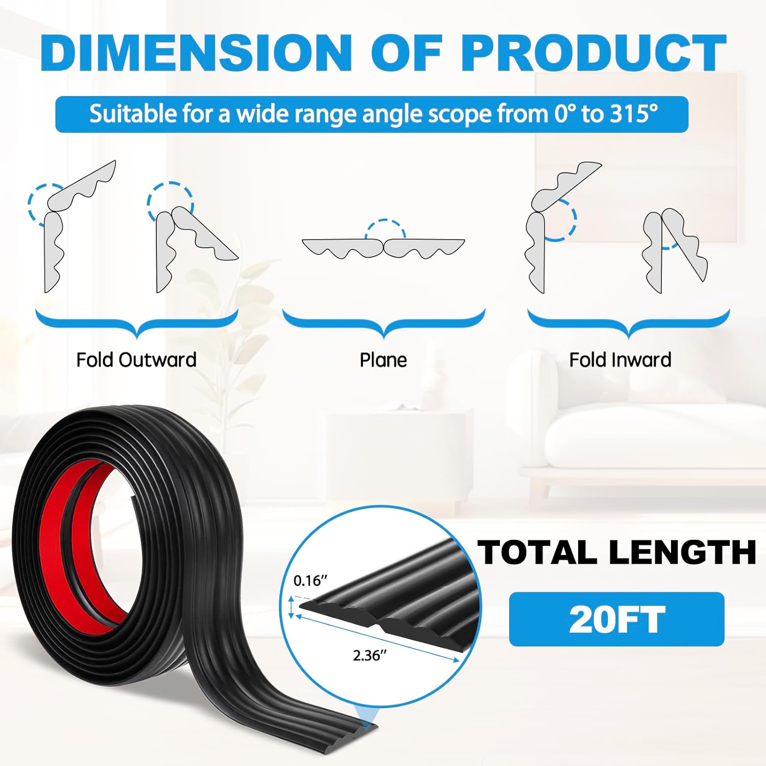 Wall Corner Protector Peel and Stick Corner Trim Molding Flexible Inside & Outside Wall Edge Guard Self Adhesive Moulding Trim for Edge Use, Black, 2.3” W x 20’ L