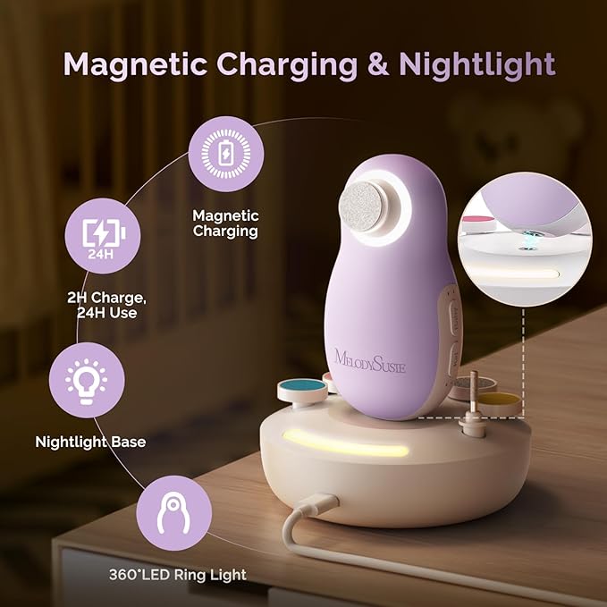 MelodySusie Baby Nail Trimmer Electric, Magnetic Rechargeable Baby Nail File with Night Light, PC20F Baby Nail Clippers Set with 6 Gentle Pads for Newborns, Infants & Toddlers, Purple