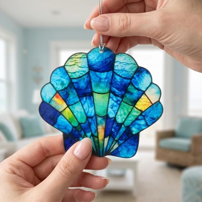 Beach Gifts for Women Acrylic Faux Stained Glass Ornament, Seashell Coastal - Image 4