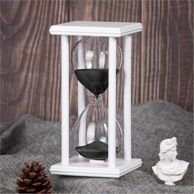 BELLAWARE Hourglass Timer with Black Sand, 60 Minute White Wood Sand Timer | by BELLAWARE