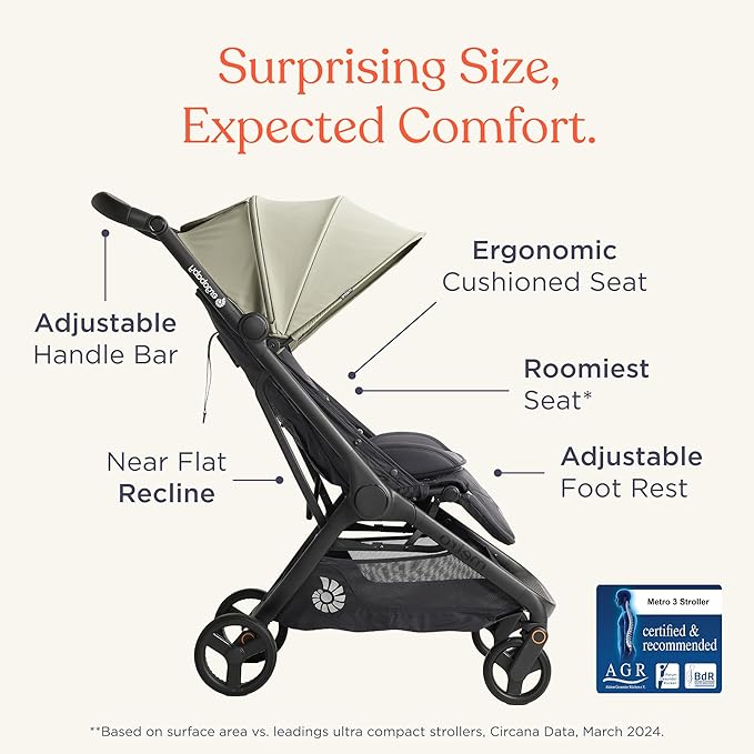 Ergobaby Metro 3 All in One Compact Baby Stroller - Foldable, Lightweight Travel Stroller - Easy One-Hand Fold for Overhead Airplane Storage (Carries up to 50 lbs) - Car Seat Compatible - Soft Olive