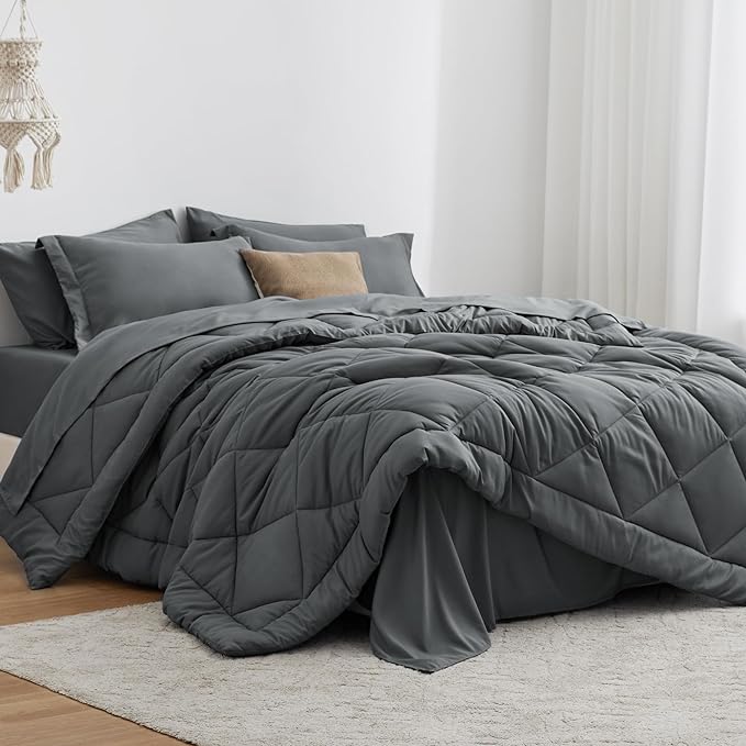 Love's cabin King Size Comforter Set Dark Grey, 7 Pieces King Bed in a Bag by Lovescabin