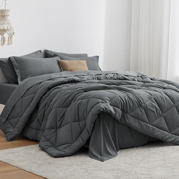 Love's cabin Oversized Queen Comforter Set Dark Grey, 7 Pieces Bed in a Bag by Lovescabin
