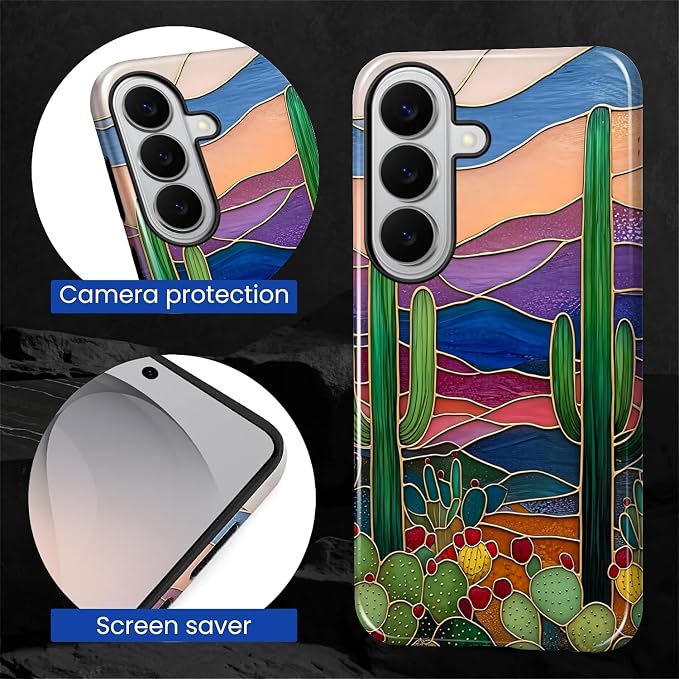 for Samsung Galaxy S26 Case, Stained Glass Cactus Pattern Glossy 2 in 1 - Image 5