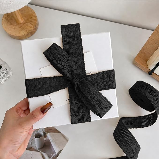 Black Burlap Ribbon 1-1/2 inch X 10 Yard Black Linen Wired Ribbon | Natural - Image 2