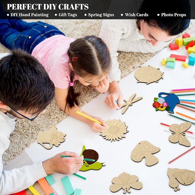Subacy 80 PCS Unfinished Wood Cutouts 8 Styles DIY Wooden Spring Ornaments - Image 6