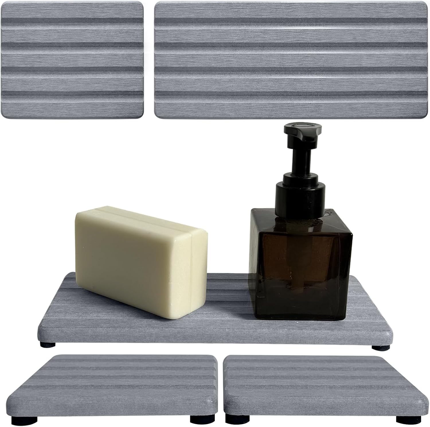 Set of 3 Diatomite Hand Soap Holder, Water Absorbing Stone Tray for Kitchen Countertop, Fast-Drying Bathroom Trays(1pcs 20 x 10cm + 2pcs 10 x 10cm Grey)