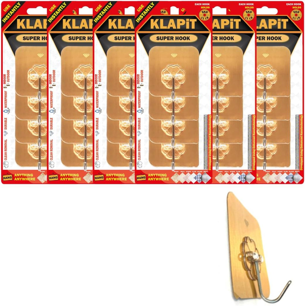 KLAPiT Super Hook - Heavy-Duty Adhesive Gold Wall Hooks, Holds Up to 11 lbs, Waterproof, No Damage, Easy Install on Tile, Wood, Stone, Glass & Metal - Made of Steel (Gold, 24pc)