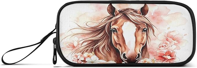 Brown Horse Watercolor Flower Pencil Case Box Boys Girls Large Pencil Pouch - Image 6