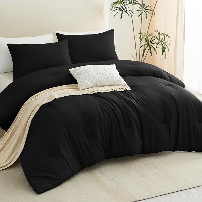 CozyLux Super King Plus Comforter Set Black, 3 Pieces 128x120 Solid Breathable - Image 9