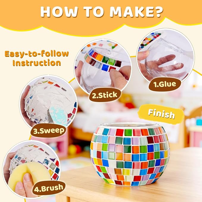 ONE TO FOUR Kids Craft Kit Mosaic Stained Glass Candle Holder - Image 3