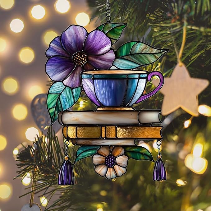 Hibiscus Tea Cup and Books Acrylic Suncatcher Stained Glass Effect Window Car - Image 6