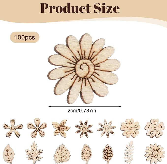 100 Pcs Wooden Flowers for Crafts, Unfinished Wooden Flowers | Wood Craft - Image 2