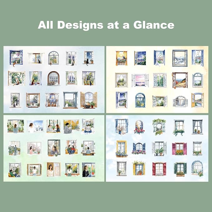 120PCS Watercolor Window PET Stickers – Scenic Views of Cats, Flowers & Cozy - Image 5