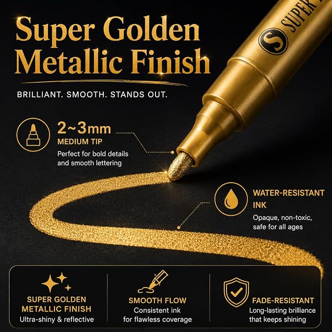 SAKEYR Super Golden Metallic Paint Markers, 12 Colors Sparkle Metallic Glitter - Image 3