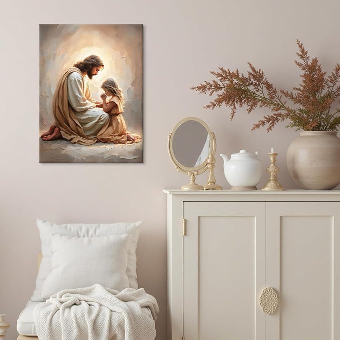 Jesus Praying with Girl Wall Art Canvas Poster Print, 8x10in | Wrapped Canvas - Image 3