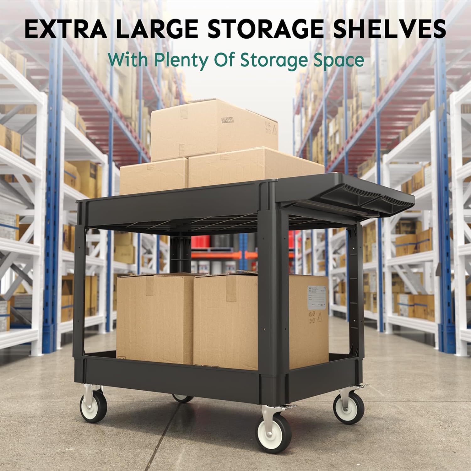 Utility Cart on Wheels, 1000 lbs Capacity Rolling Service Cart, 45 x 25 Inch Work Carts, 2 Shelf Heavy Duty Plastic Tool Cart, Lipped Shelves, for Warehouse, Garage, Cleaning, Black