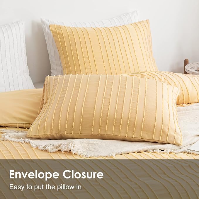 WARMDERN Yellow Boho Duvet Cover Set Queen Size, Striped Textured Duvet Cover - Image 4