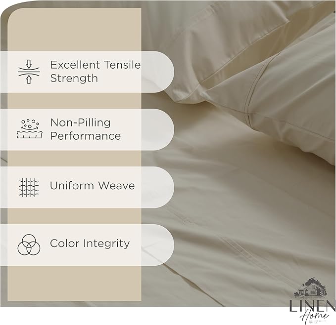 Linen Home 100% Cotton Percale Sheets Full Size, Light Taupe, Deep Pocket - Image 2